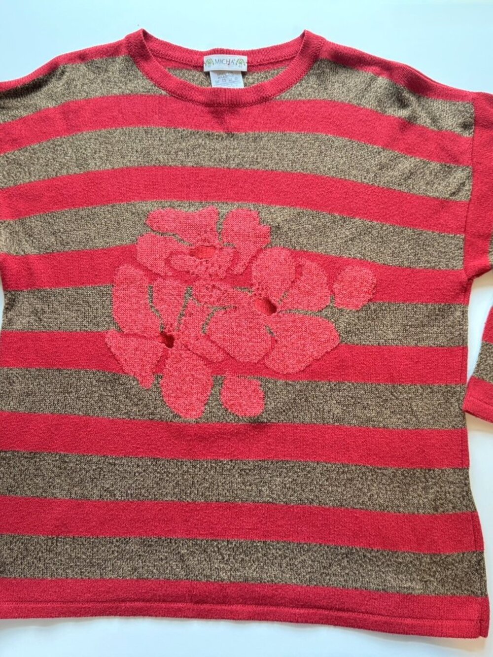 Vtg Micha Denmark Red & Brown Stripe Floral Sweater sz L EU 40